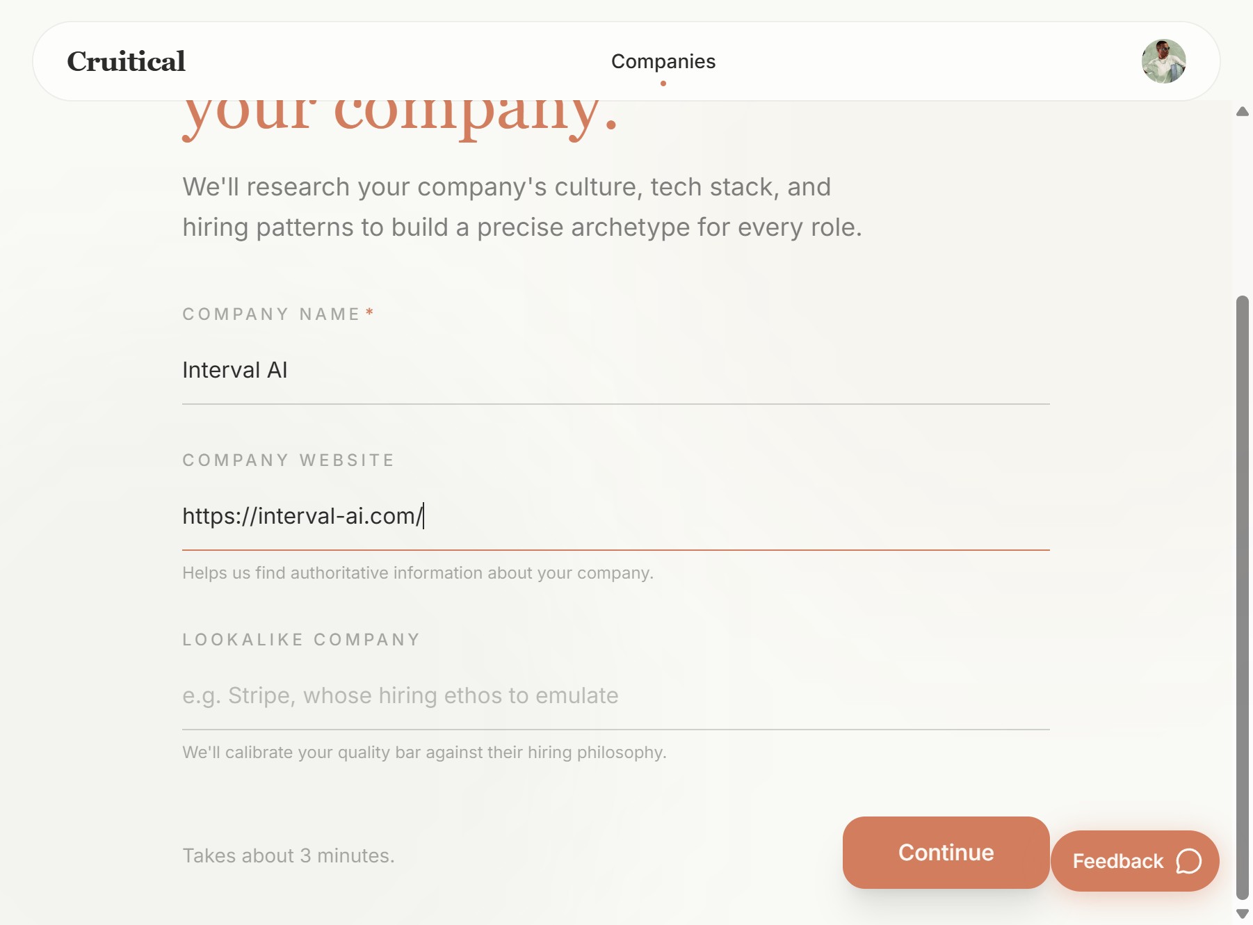 Company setup form with Interval AI details